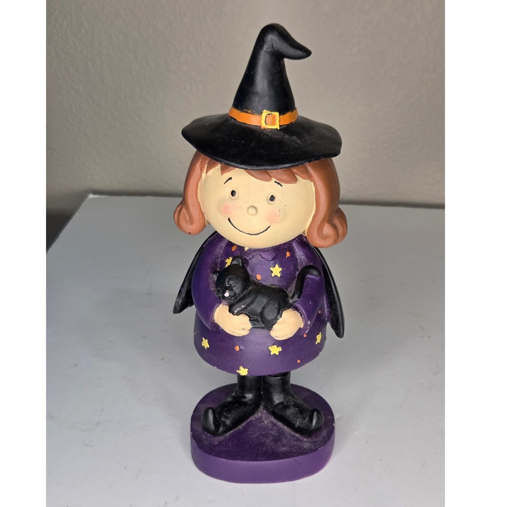 Halloween Witch Girl Figurine with Black Cat Purple Dress Star Decor 12 Inch